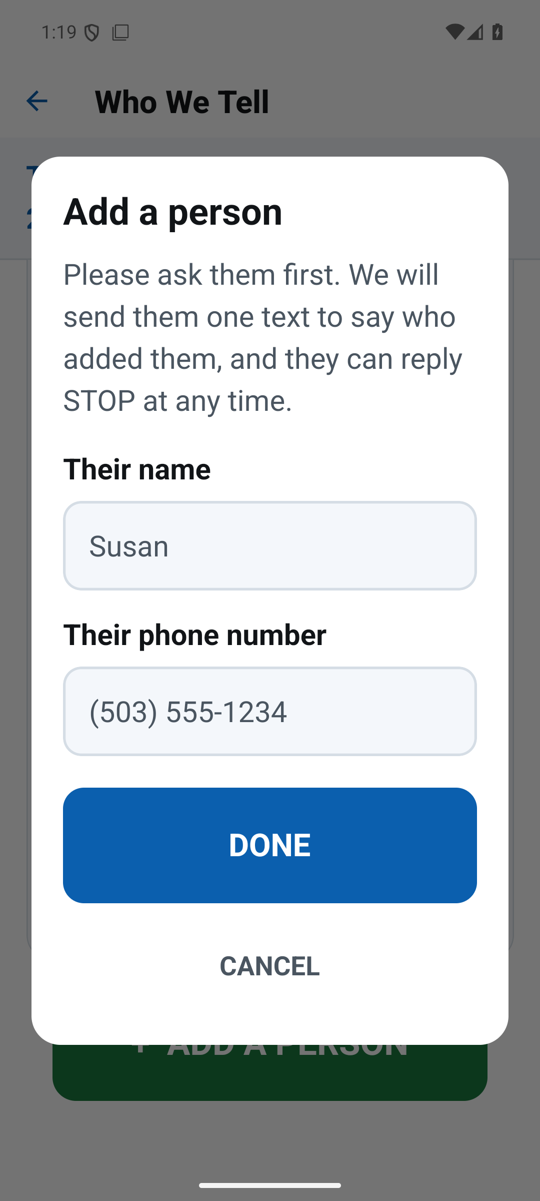 The Add a person screen, which asks the user to ask the contact first
