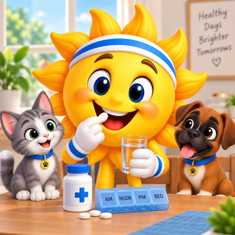 The Support-O sun taking a tablet with a glass of water